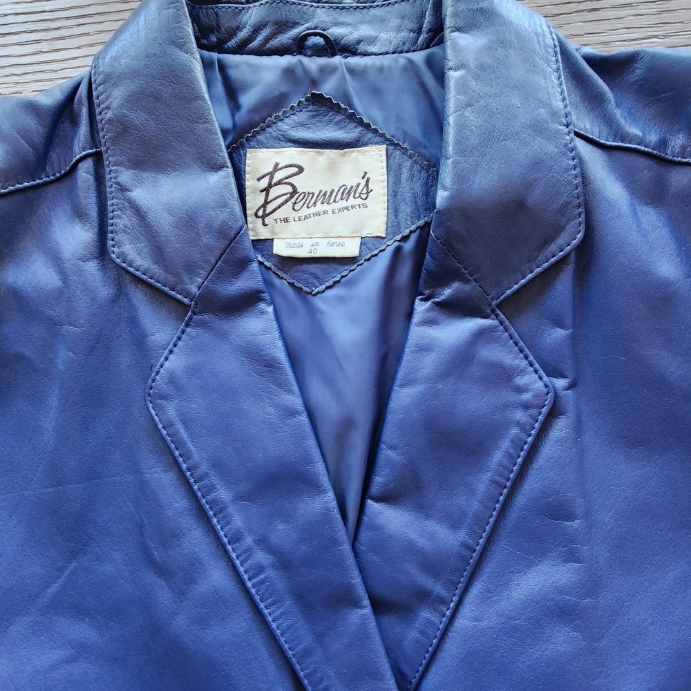 VTG Bermans Blue Leather Blazer Jacket. 80s Punk retro streetwear Y2K Festival